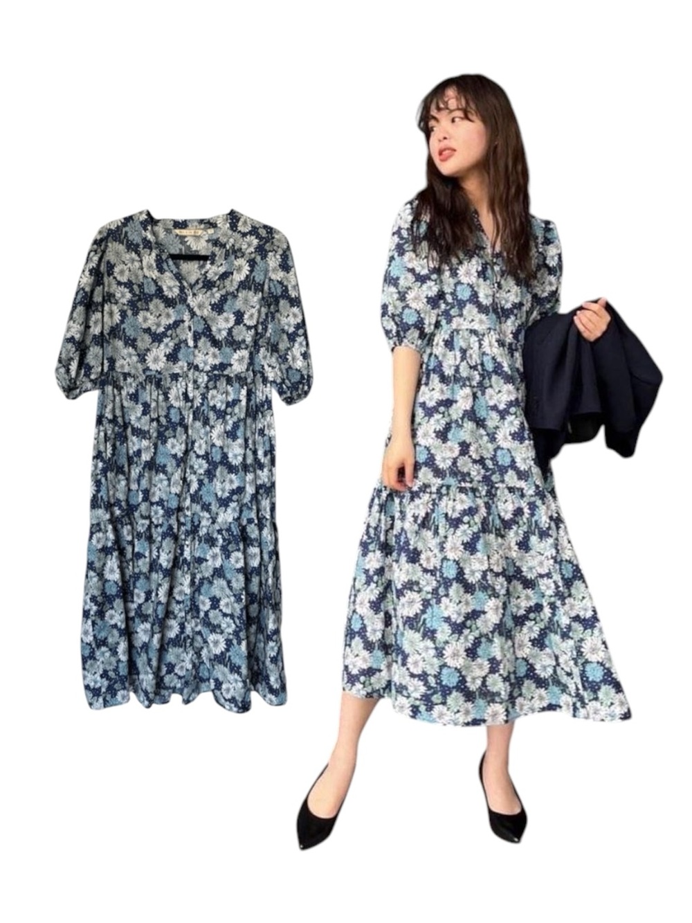 Uniqlo and Paul & Joe Collaborative Floral Tiered Navy Button Down dress